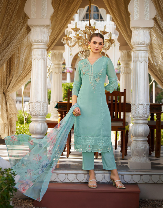 Women’s Organza Embroidered Suit Set with Viscose Silk Pant and Digital Print Dupatta – L to 3XL