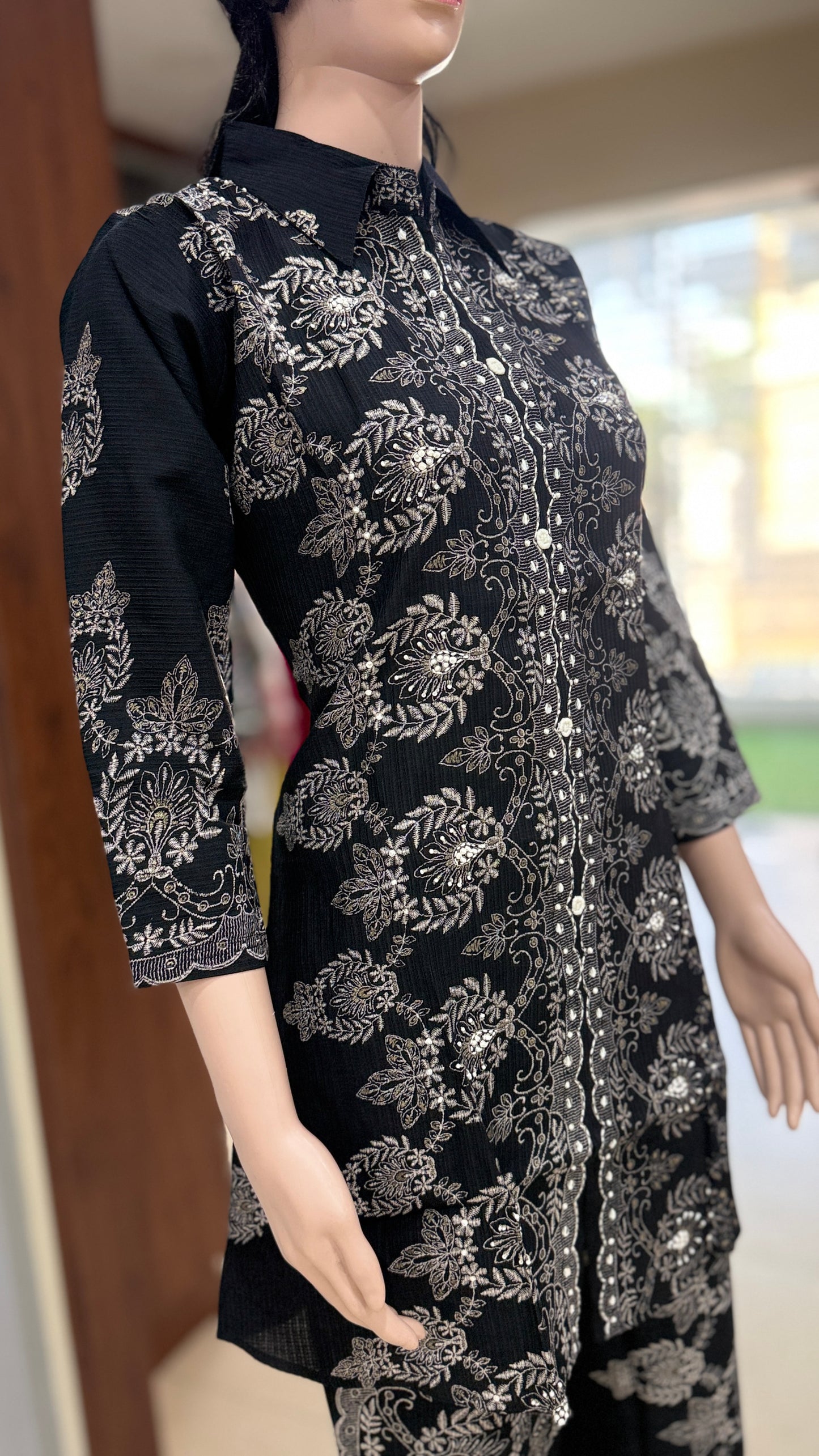 Inweaved cotton dobby co ord set for women with floral woven design, collared top and pant set, sizes 38 to 44