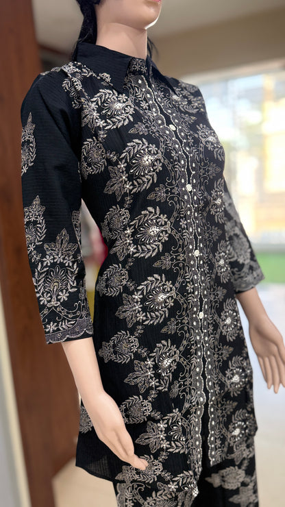 Inweaved cotton dobby co ord set for women with floral woven design, collared top and pant set, sizes 38 to 44