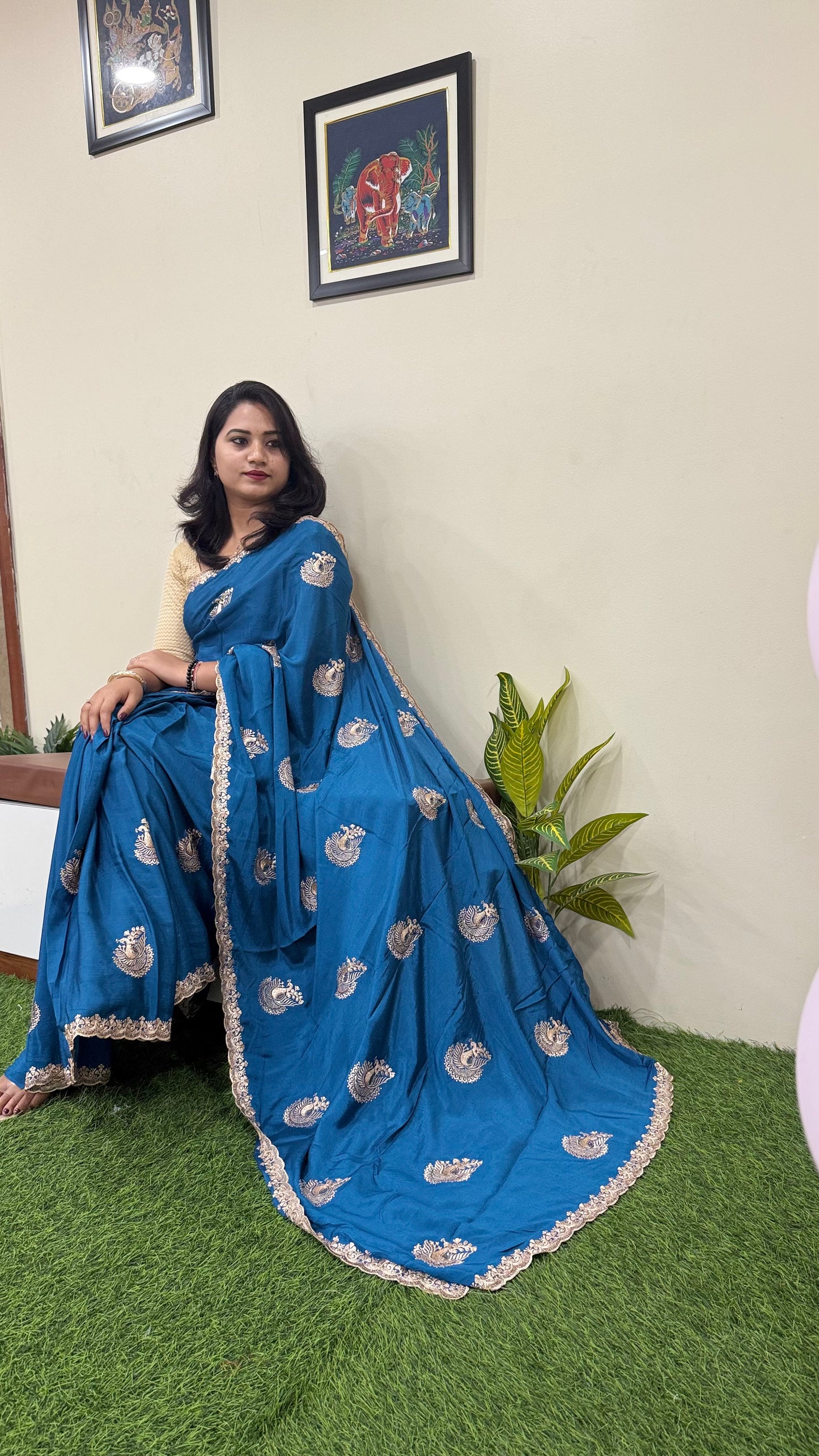 Pure Chinnon Saree with Embroidery, Work & Peacock Butta Motifs – Heavy Embroidered Blouse
