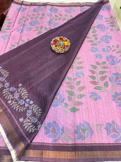 Raw tussar silk saree with smart floral design and soft marmo finish, printed border saree