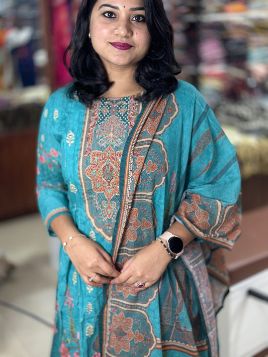 Mughal Print Mul Cotton A-Line Kurti Pant Dupatta Set with Zari and Mirror Work – Women’s Ethnic Wear