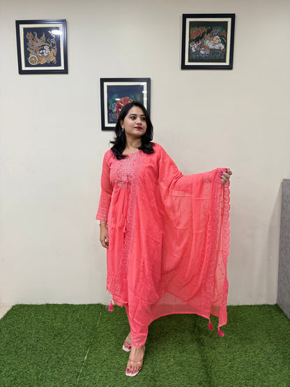 Women’s Georgette Embroidered Suit Set with Mirror Work Neck and Lace Border Pant – L to 3XL