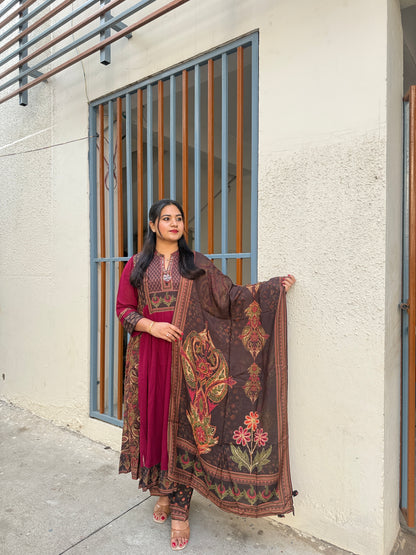 Women’s viscose georgette kurta set with dola silk yoke, pant and printed dupatta, festive wear, size 38–44