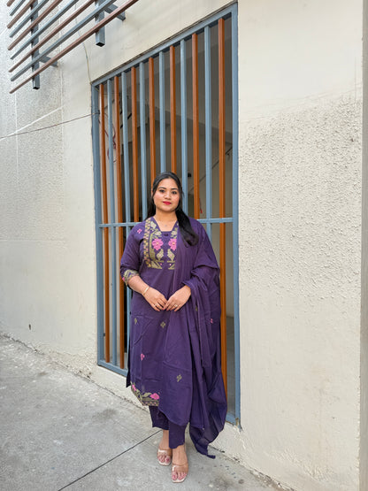 Women's cotton 60x60 straight kurta pant set with dupatta, purple embroidered-look yoke, M–3XL