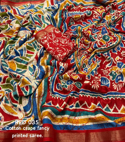 Cotton Crape Saree with Multicolor Fancy Print and Running Blouse – Lightweight Daily & Festive Wear