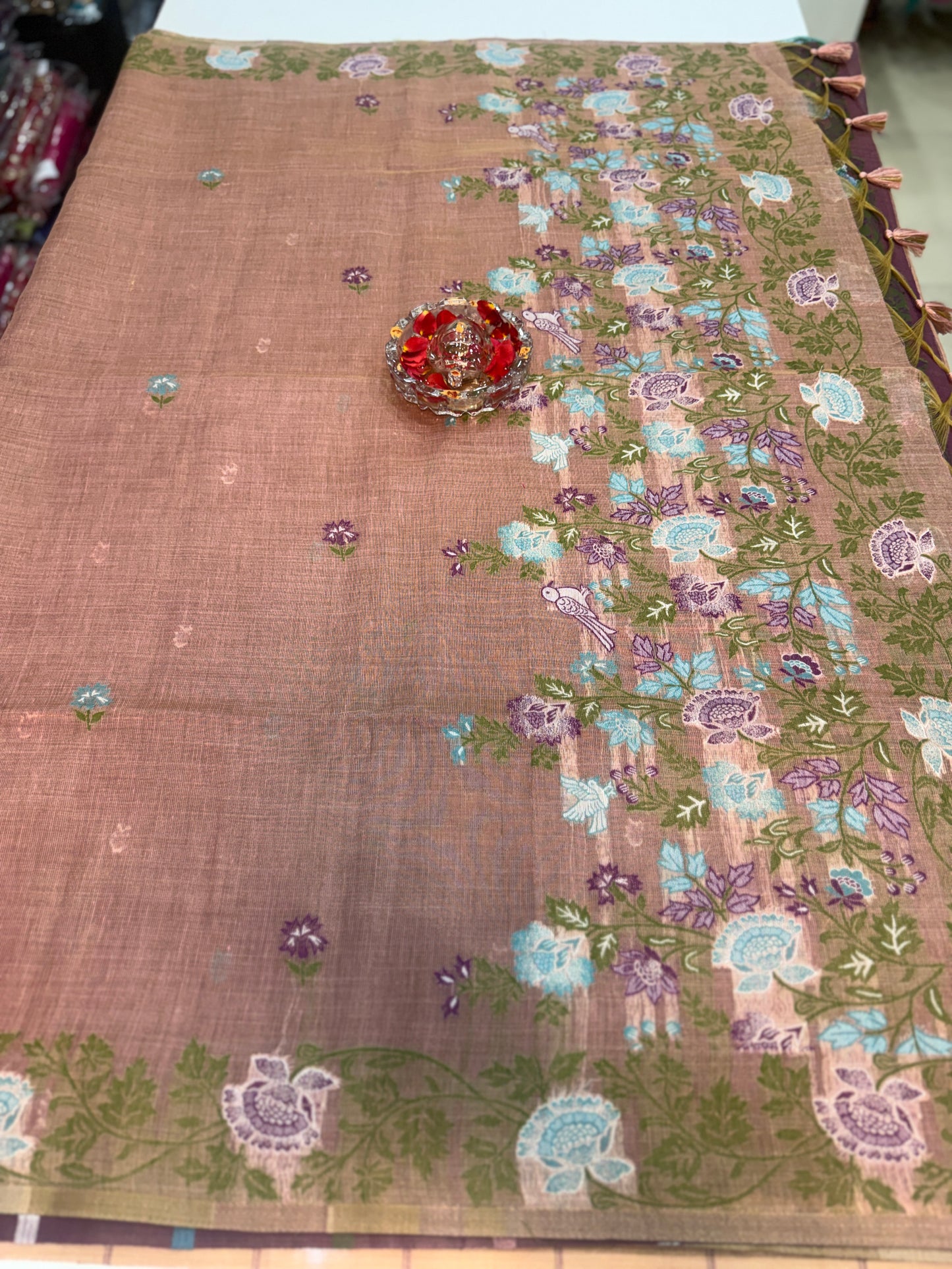 Tissue chanderi saree with floral border and tassel pallu, pastel printed saree for women