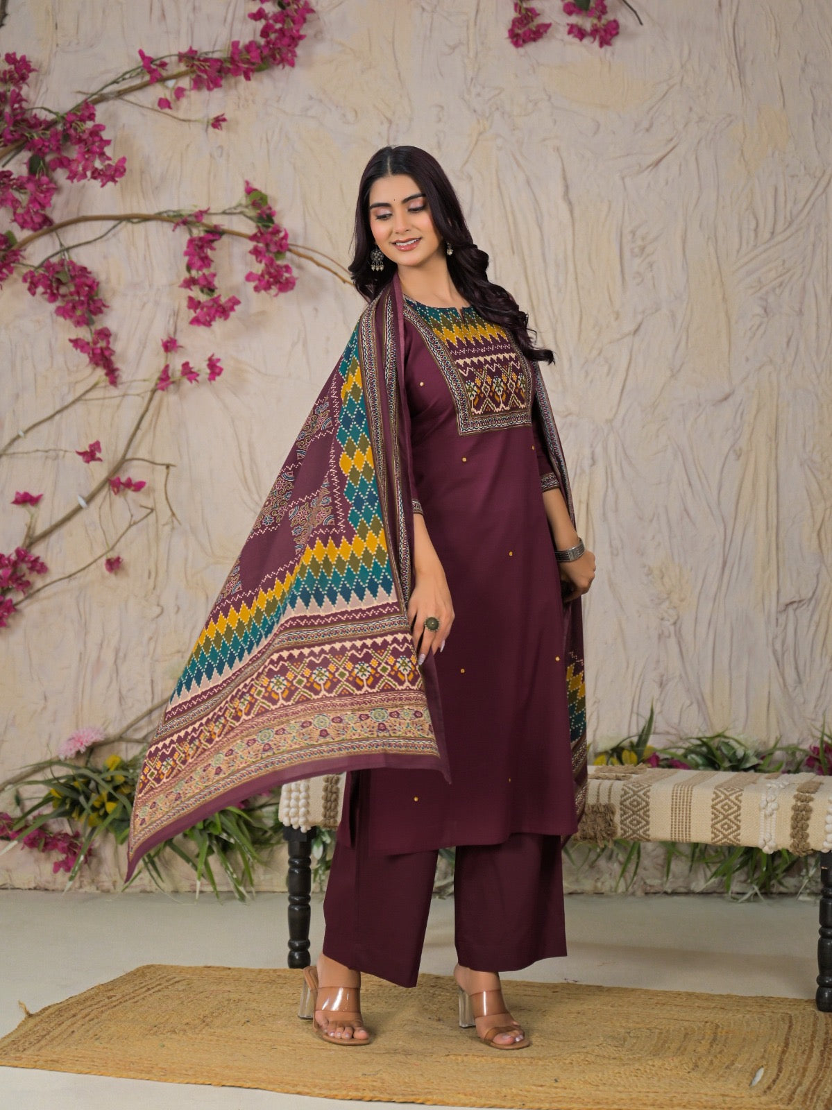 Cotton printed suit set for women with geometric yoke print, matching pant and dupatta