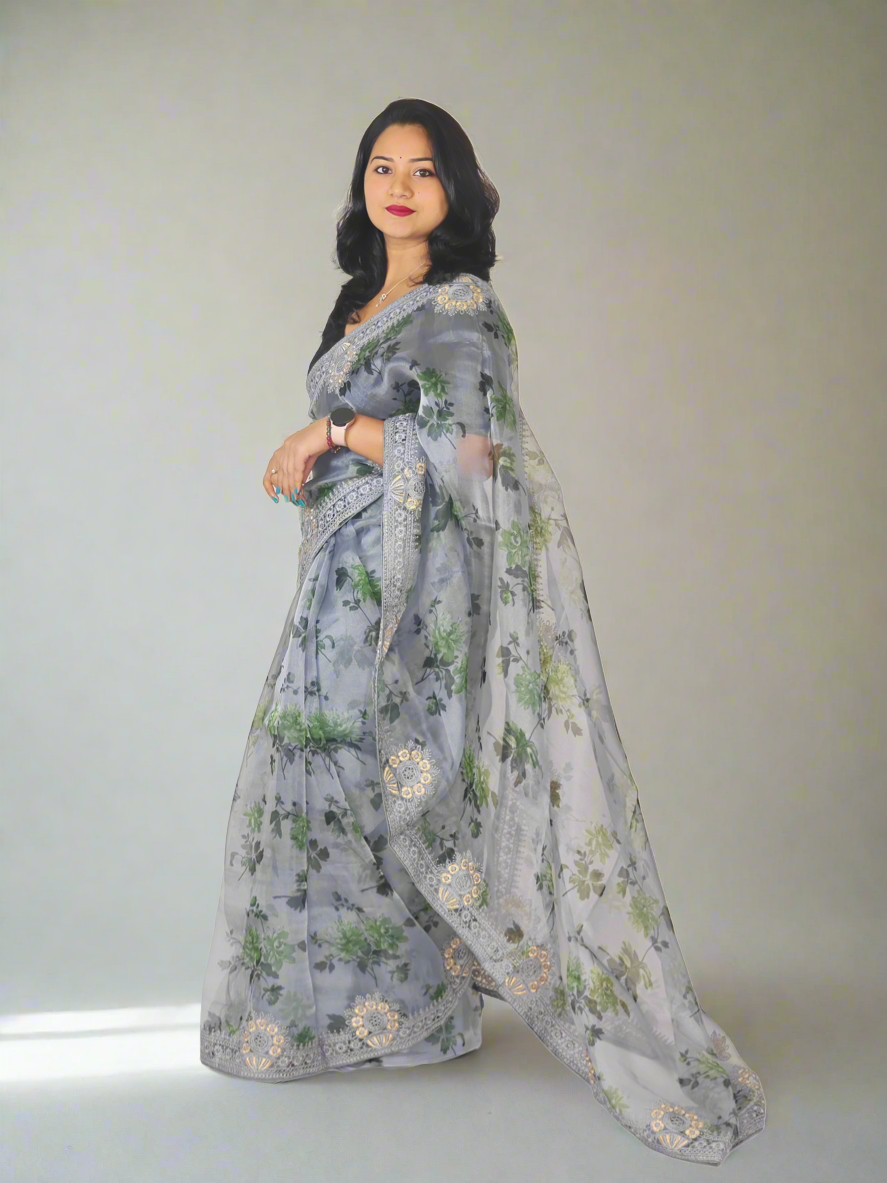 Organza Silk Saree with Digital Print and Viscos Thread Work – Banglori Silk Blouse Included