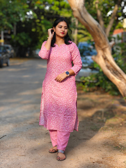 Pink Floral Printed Cotton Kurti with Pant Set for Women – Spring Wear, S to XXL, Daily and Casual