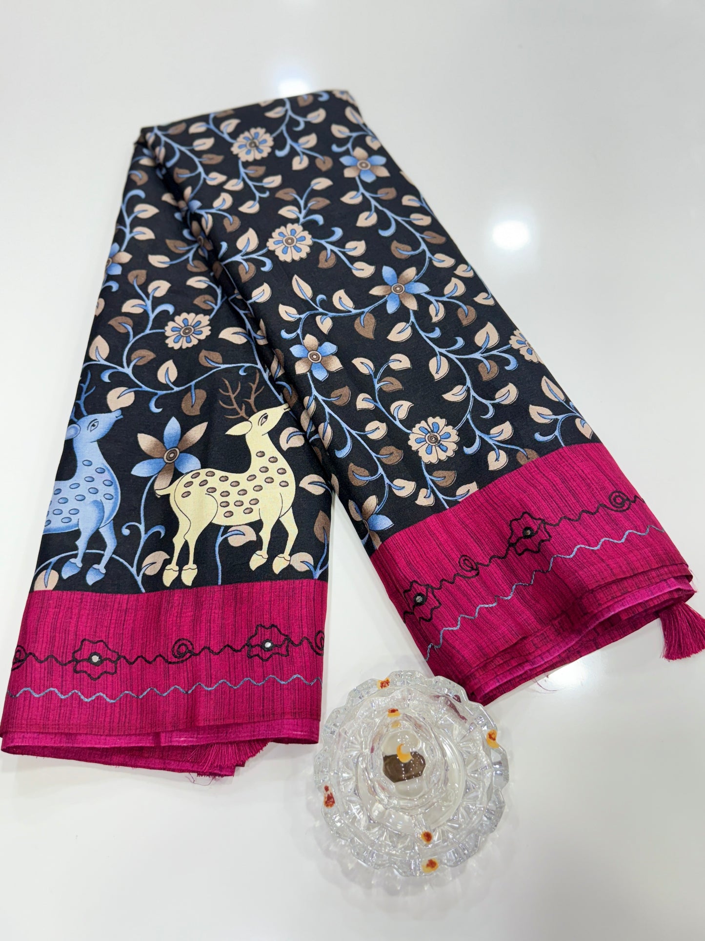 Victoria Cotton Silk Saree with Deer and Floral Print – Lightweight Traditional Cotton Silk Saree for Women