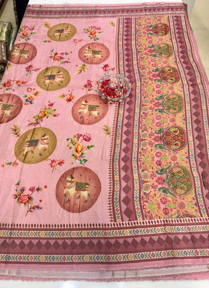 Pure Ziraf Silk Printed Saree with Elephant and Floral Motifs – Lightweight Soft Silk Saree for Women