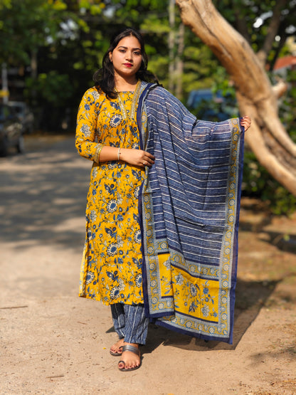 Mustard Viscose Rayon Floral Printed Suit Set with Dupatta – Sizes S & M
