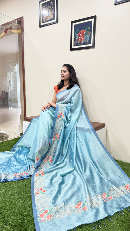 Plain Mangalgiri Pure Pattu Handloom Silk Saree with Embroidery Border