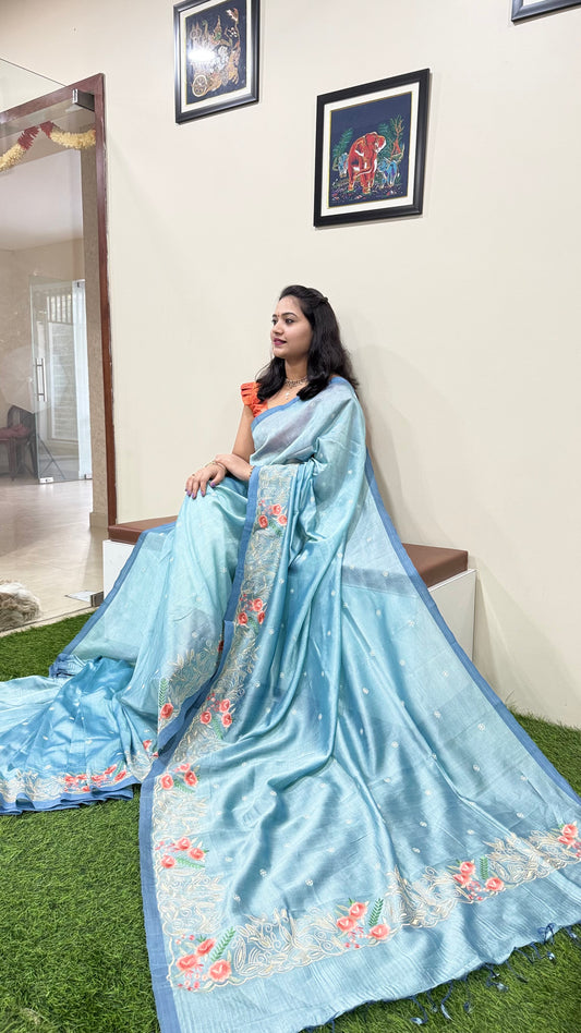 Plain Mangalgiri Pure Pattu Handloom Silk Saree with Embroidery Border