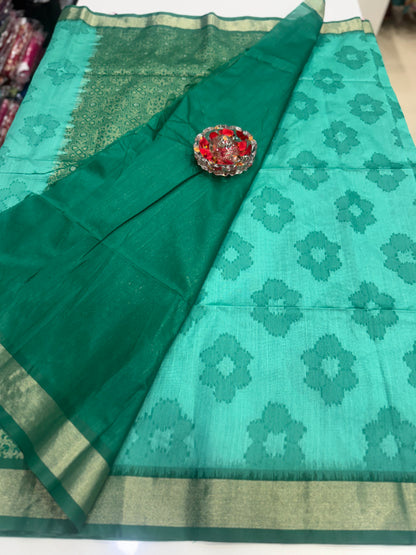 Women’s woven saree with butta motifs, contrast pallu border and tassel pallu, traditional wear, multiple colors