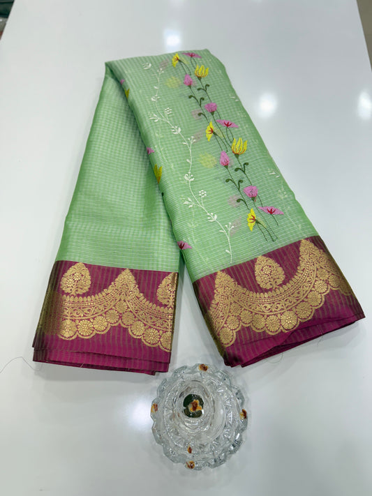 Banarasi handloom Kota check saree with mina embroidery, scalloped border and zari chit pallu