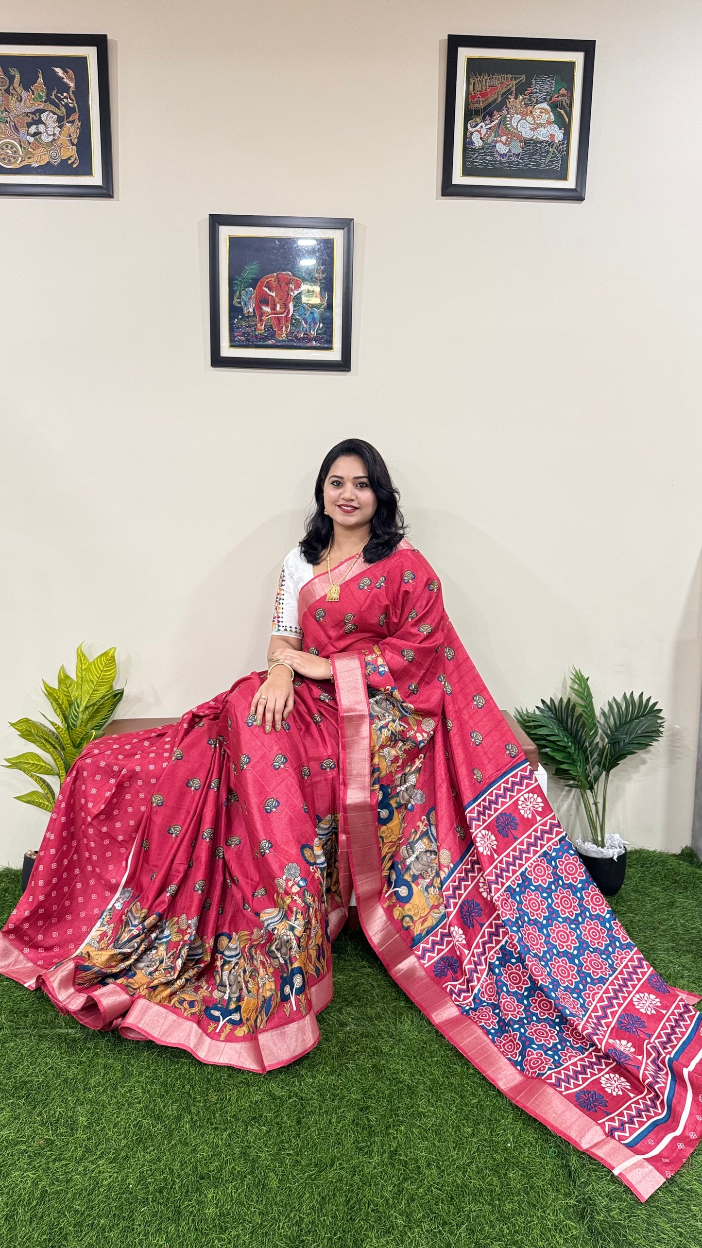 Handloom Semi Tussar Saree with Kalamkari Design and Silver Border for Festive Wear
