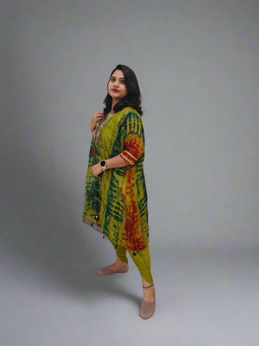 Habutai Silk Kaftan Kurti with Tulip Pant Set Featuring Mirror Embroidery and Tassels
