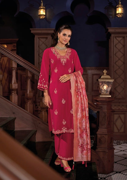 Viscose Silk Embroidered Kurta Plazzo Dupatta Set with Mirror Work and Printed Dupatta – XL & XXL