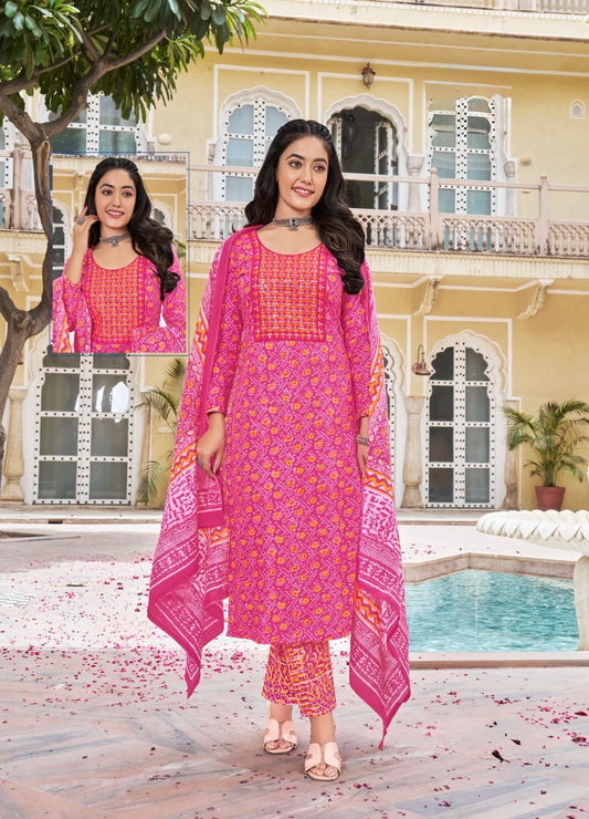 Cambric Cotton Embroidered Kurta Set with Pant and Malmal Dupatta for Women (L to 3XL)