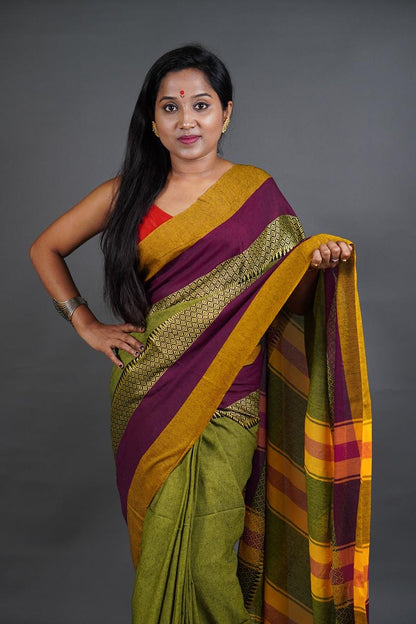 Pure Cotton Handloom Saree for Women with Woven Border and Blouse Piece – Traditional Daily Wear