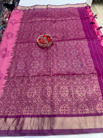 Women’s woven saree with butta motifs, contrast pallu border and tassel pallu, traditional wear, multiple colors