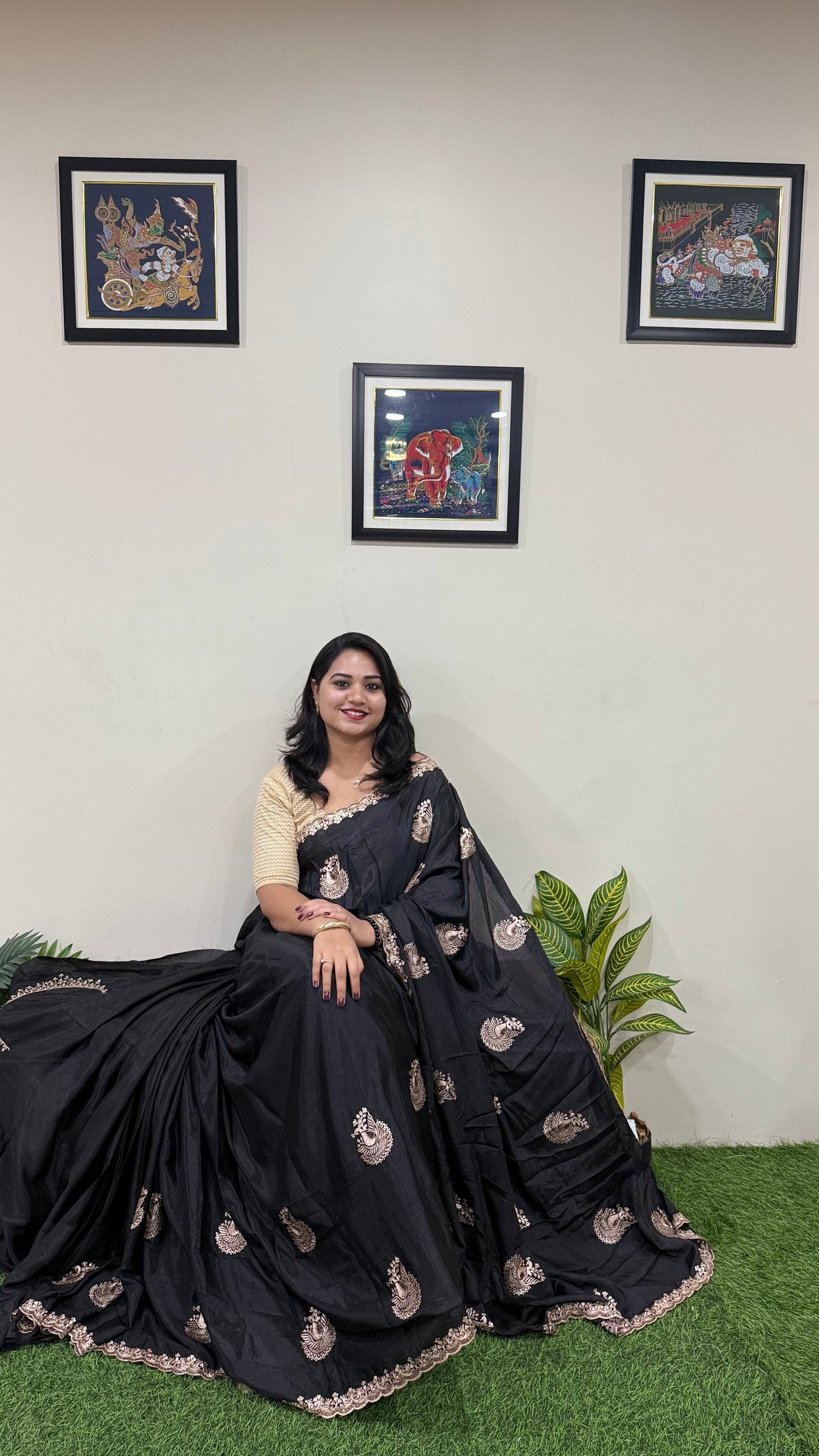 Pure Chinnon Saree with Embroidery, Work & Peacock Butta Motifs – Heavy Embroidered Blouse