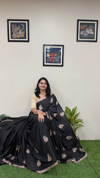 Pure Chinnon Saree with Embroidery, Work & Peacock Butta Motifs – Heavy Embroidered Blouse