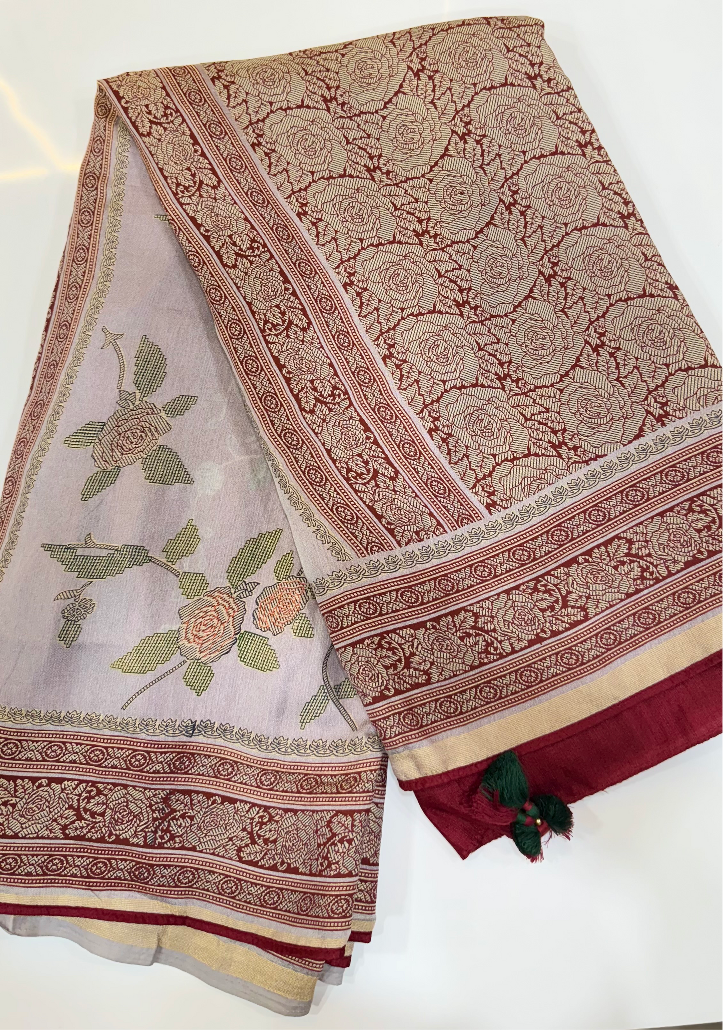 Soft Brasso Printed Saree with Fancy Border, Tassel Pallu and Work Blouse for Women – Party and Festival Wear