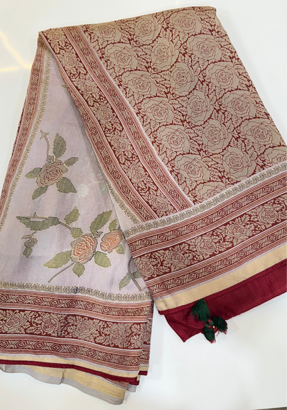 Soft Brasso Printed Saree with Fancy Border, Tassel Pallu and Work Blouse for Women – Party and Festival Wear