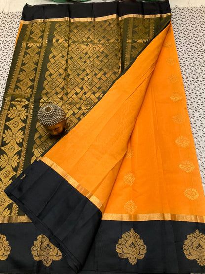 Mangalagiri Semi Pattu Saree with Kadi Border, Checks and Butta Weave for Women – Contrast Pallu and Blouse