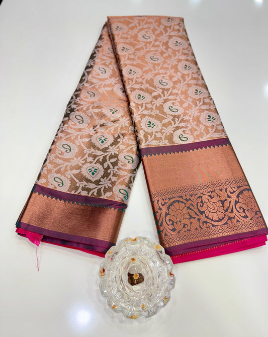 Bridal tissue saree for women with woven zari work and contrast border, kanchipuram style powerloom saree with blouse fabric