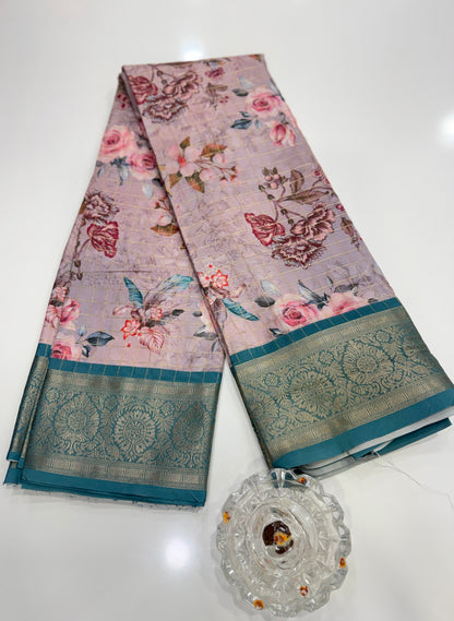 Printed handloom georgette saree for women with woven border and floral design