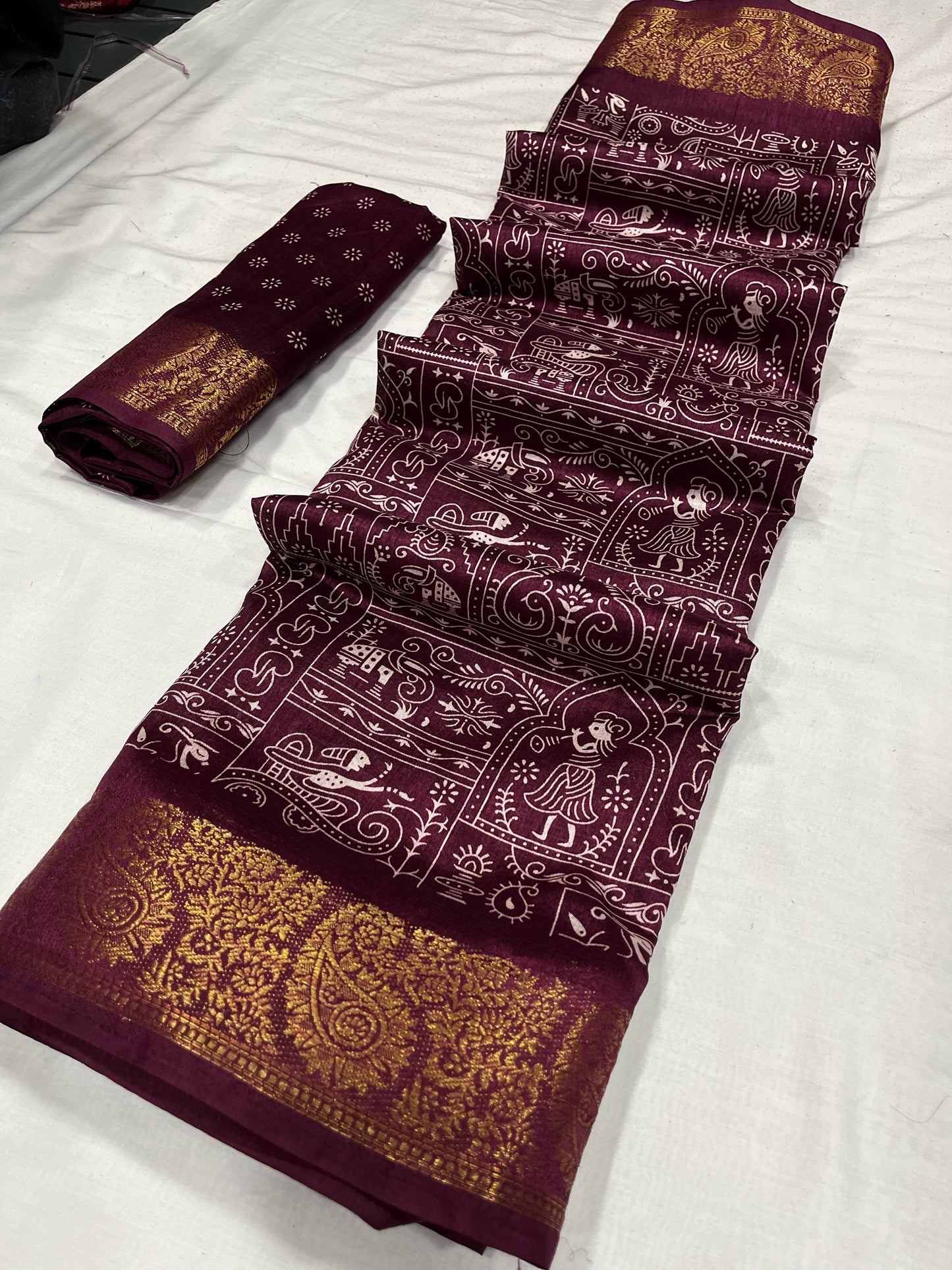 Soft Tussar Silk Slub Digital Print Saree with Golden Zari Weaving Border and Contrast Blouse