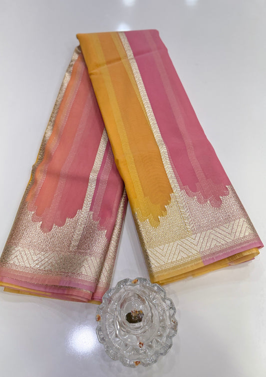 Banarasi handloom kora organza rankaat saree with allover zari stripe weaving and blouse piece