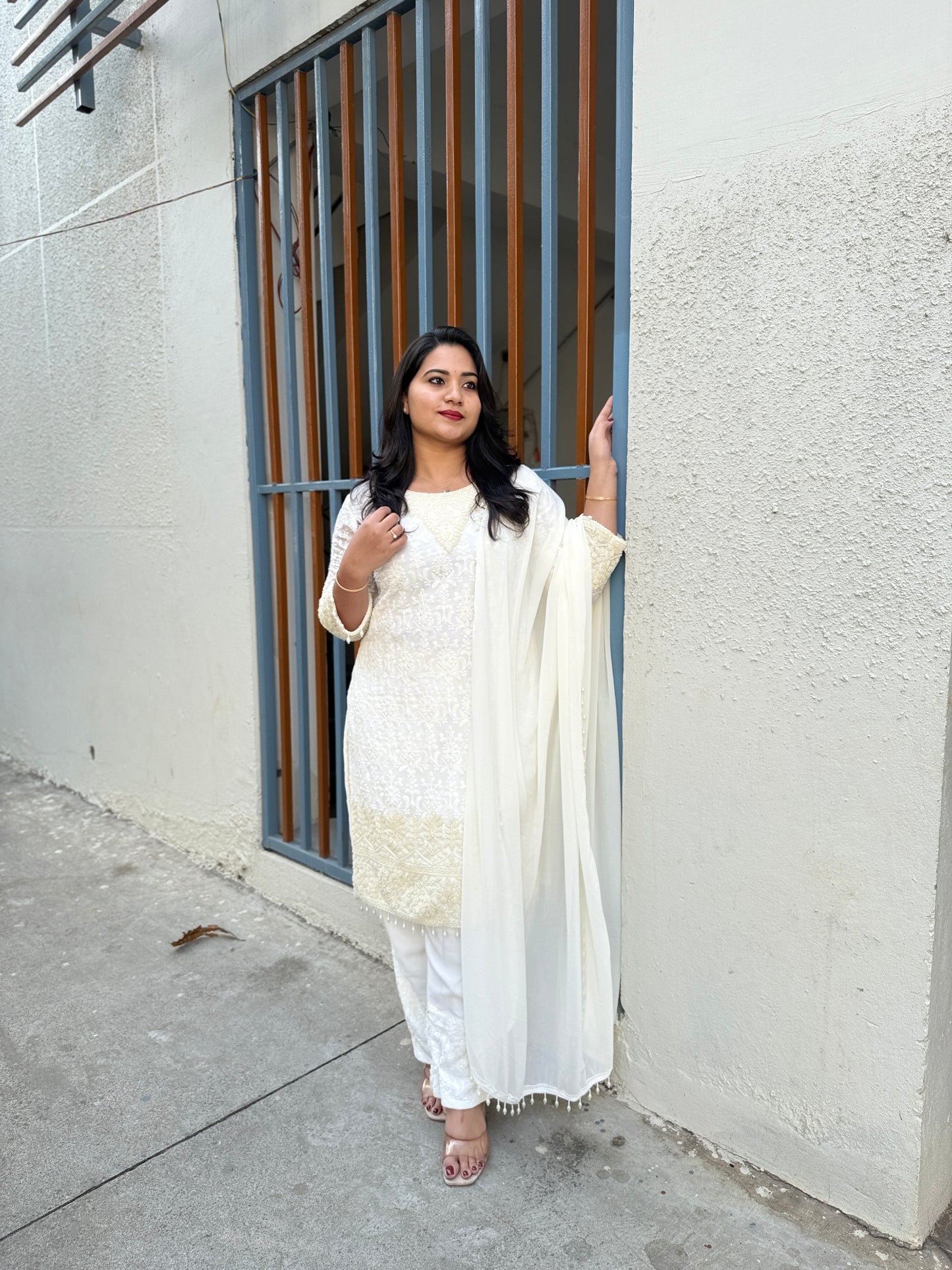 Women’s premium georgette embroidered stitched suit set with beads work and palazzo (XL)