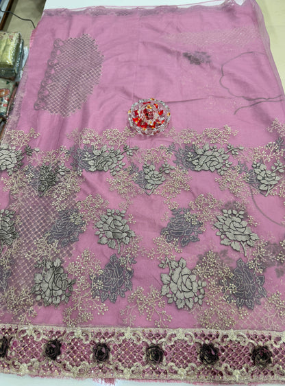 Lilac Sequin Embroidered Saree for Women – Fancy Designer Fabric with Floral Lace Border