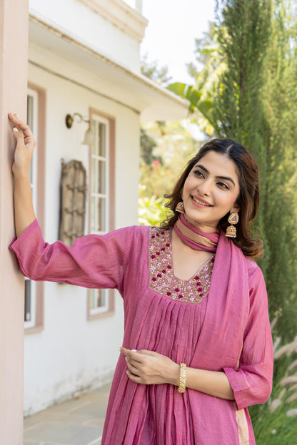 Mal Chanderi Anarkali Kurti Pant Dupatta Set with Embroidery Work for Women