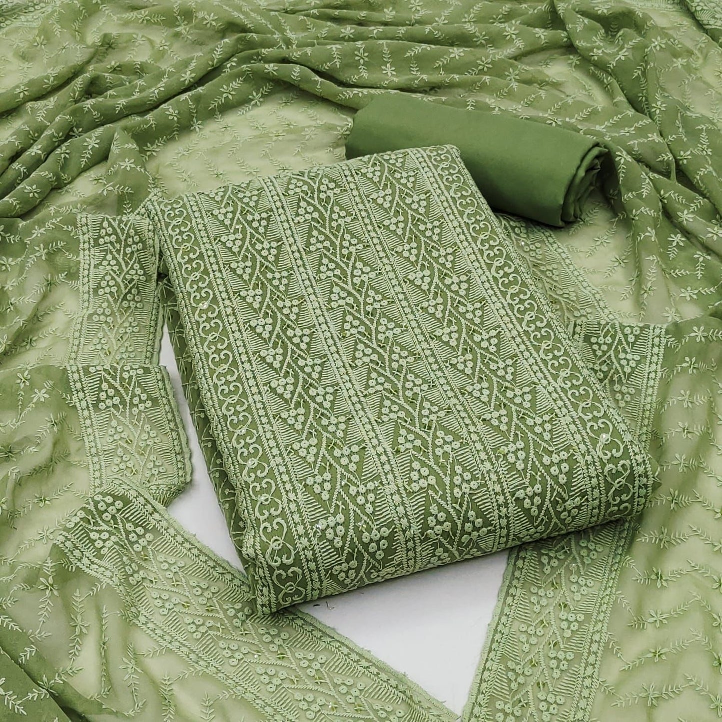 Unstitched Georgette Chiffli Embroidered Dress Material with Crepe Bottom and Georgette Chicken Work Dupatta