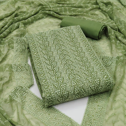 Unstitched Georgette Chiffli Embroidered Dress Material with Crepe Bottom and Georgette Chicken Work Dupatta