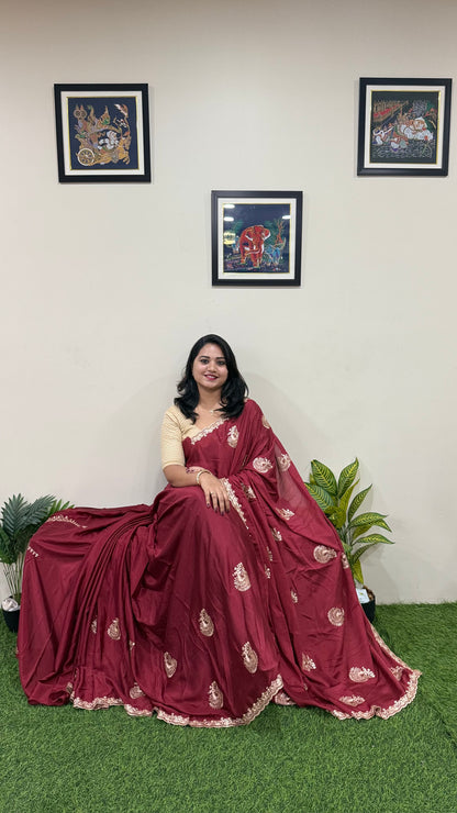 Pure Chinnon Saree with Embroidery, Work & Peacock Butta Motifs – Heavy Embroidered Blouse