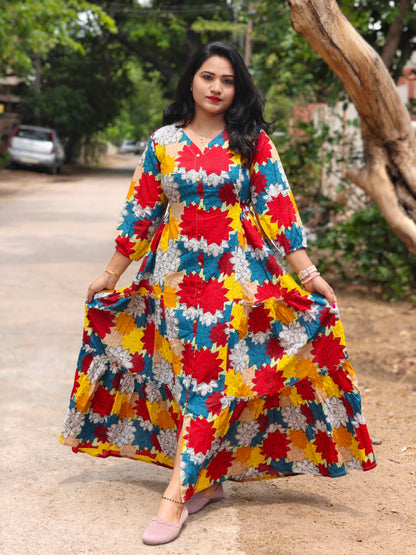 Radiant Blooms Cotton Flared Dress with Multi-Color Floral Panels – Casual & Occasion Wear