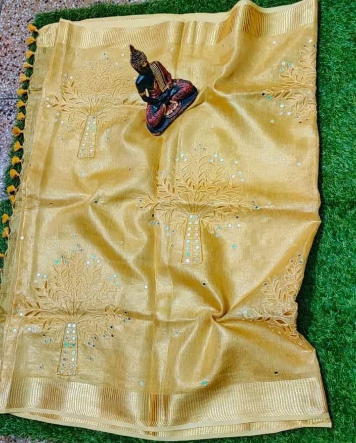 Pure Tissue Linen Saree with Exquisite Hand Work and Running Blouse Piece – Festive Wear