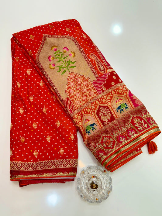 Pure Dola silk saree with position weaving and embroidered blouse – premium ethnic wear for weddings and festive occasions