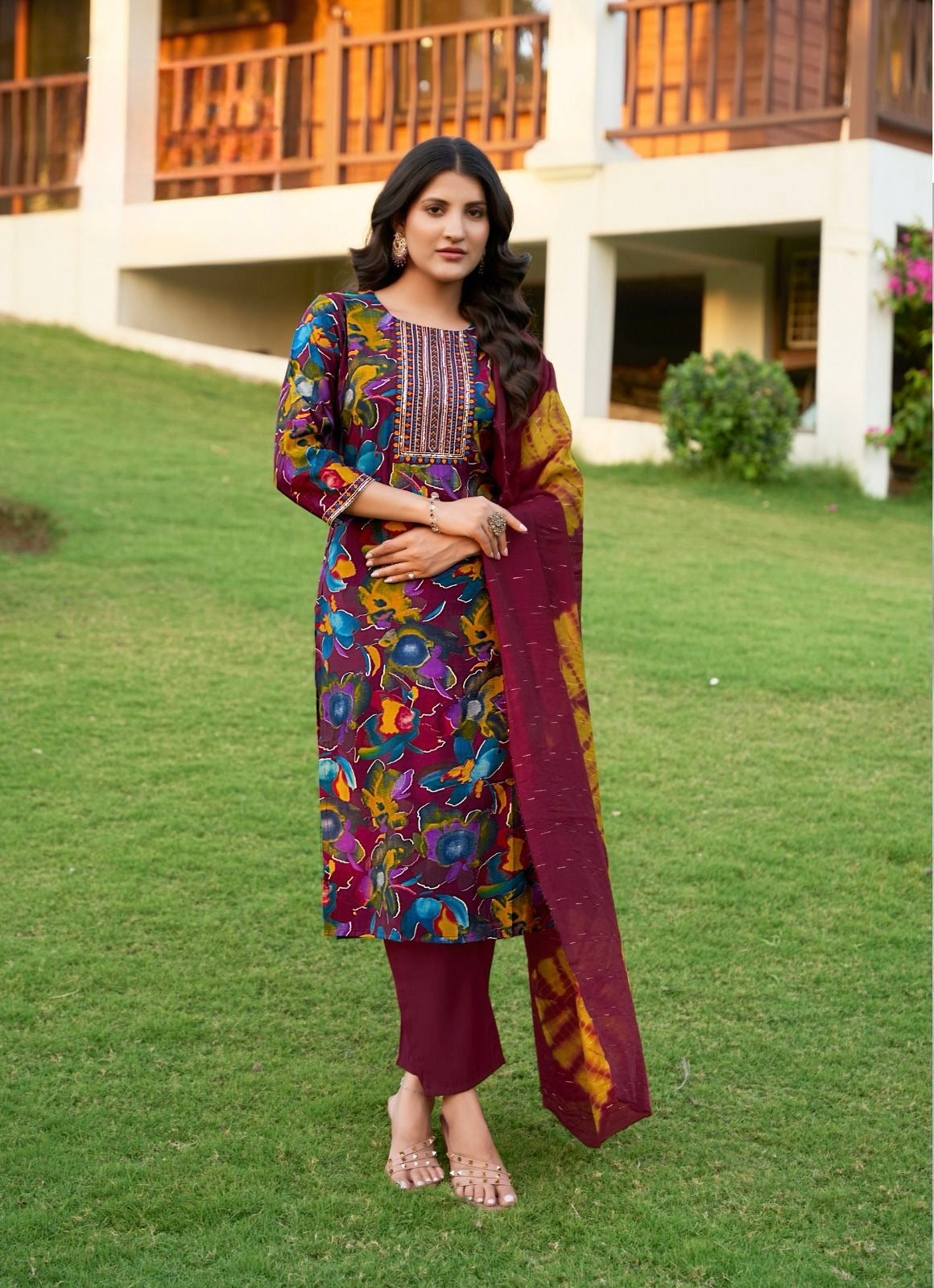 Roman Silk Modal Straight Suit Set with Foil Print, Embroidery and Chanderi Dupatta for Women