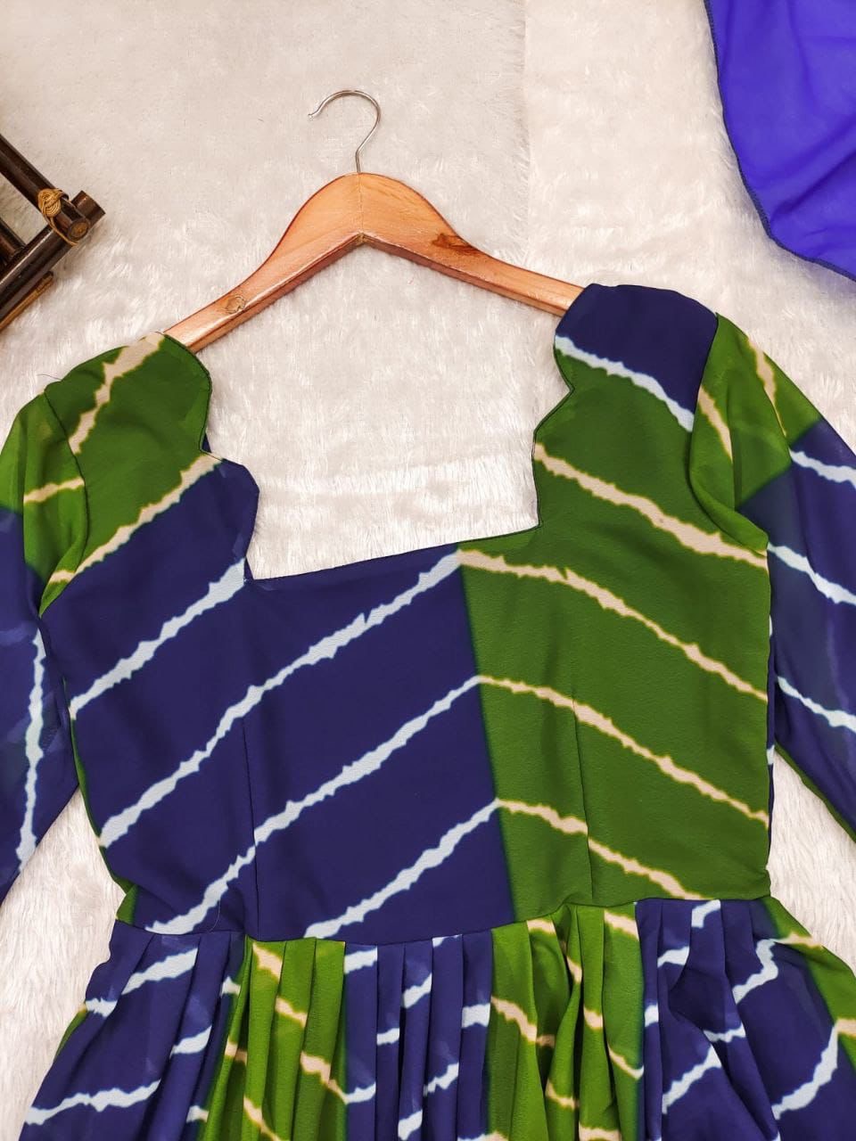 Vrinda Leheriya Georgette Suit Set for Women with Anarkali Dupatta – Blue & Green | Yellow & Dark Grey