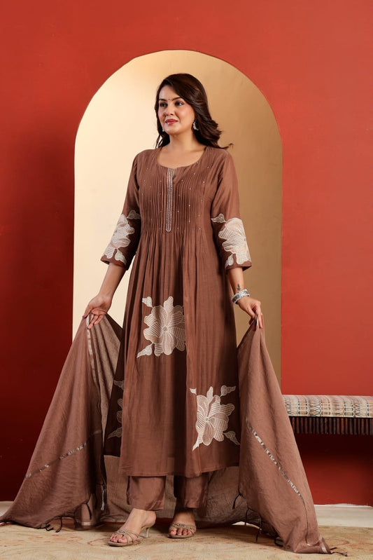 Mul Chanderi Kurta Set with Pintuck and Floral Embroidery, Shantoon Pant and Chanderi Dupatta