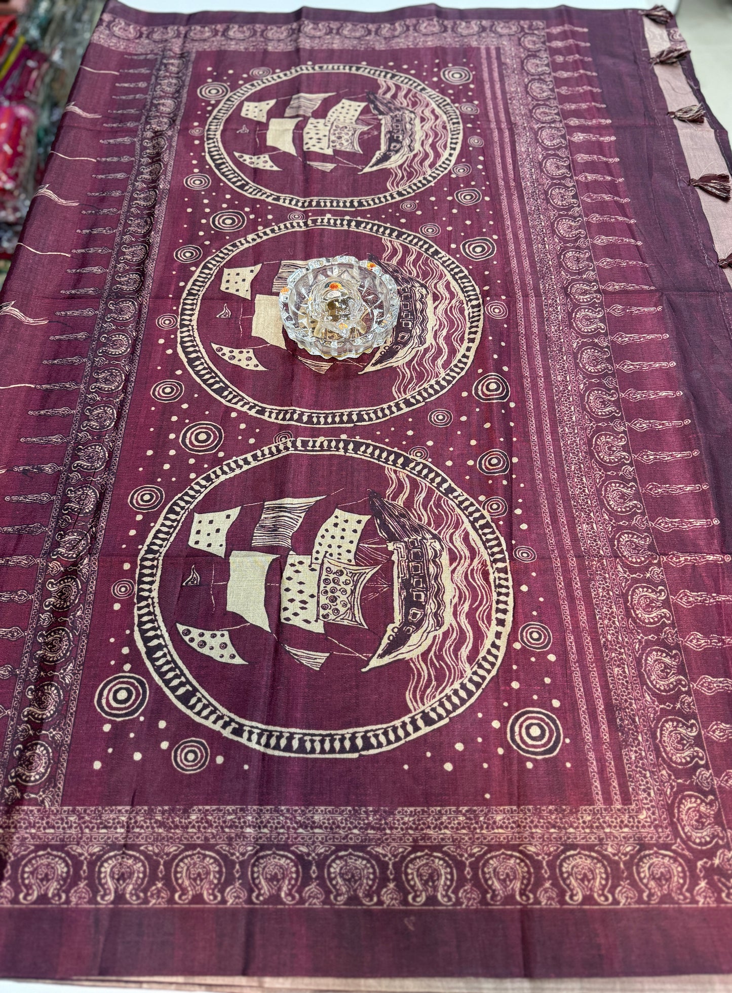 Semi Tussar Silk Saree with Ethnic Print Border and Tassel Pallu, Sea & Ships Print