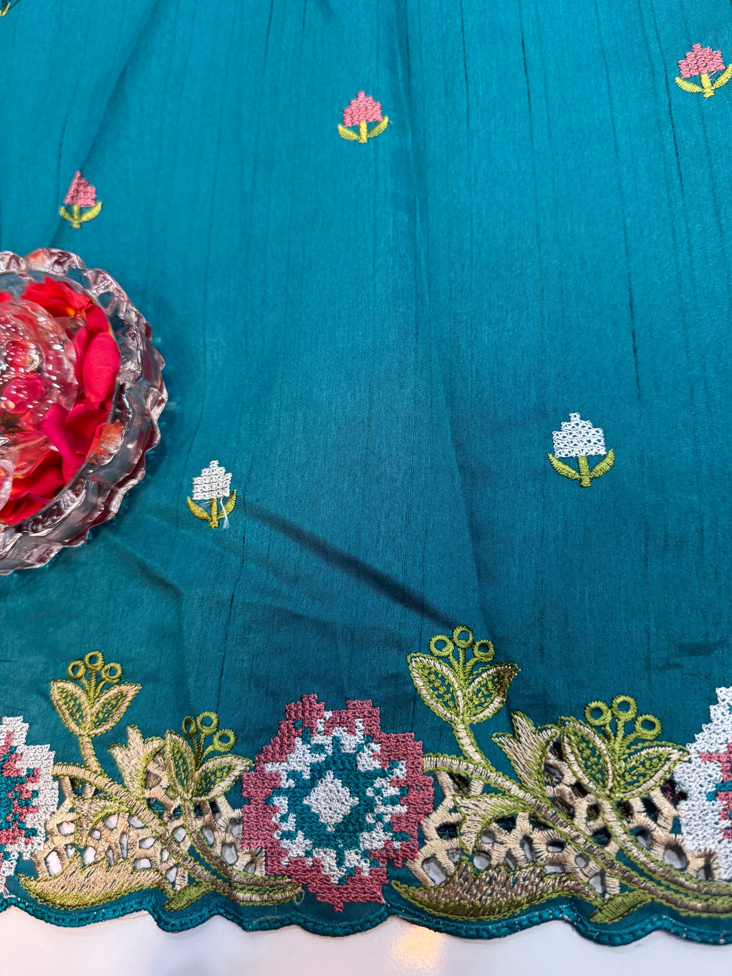 Matka Silk Saree with Embroidered Buttis, Cutwork Big Pallu, and All-Over Cutwork Panel